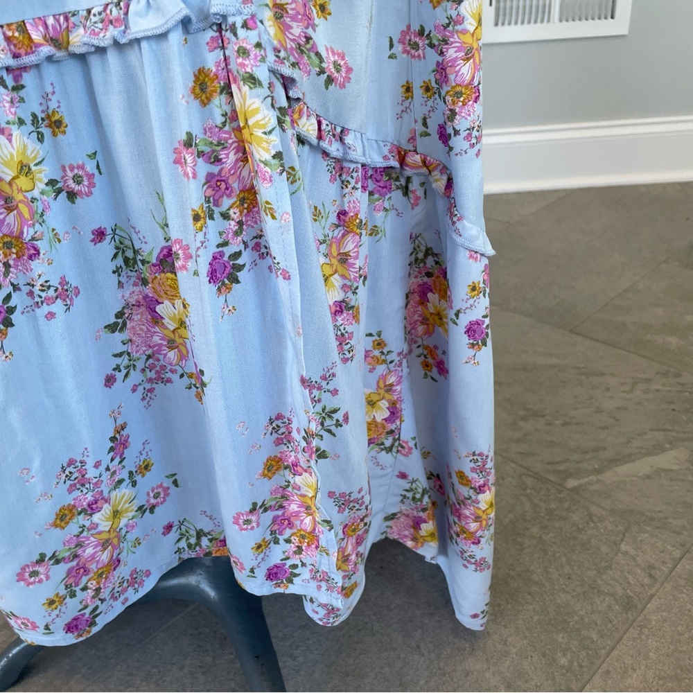 XS. S blue, pink and yellow floral print bohemian backless highlow dress - Picture 6 of 10